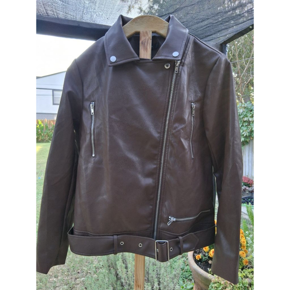 Lulus Brown Brave Behavior Vegan Leather Oversized Moto Jacket Sz S NWT Boutique - Picture 3 of 12
